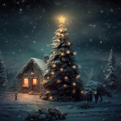 Santa Clause beautiful wooden house, with glowing windows and a Christmas tree deep in the snowy forest. Countryside holiday scene with sharp and cold winter. Illustration, Generative AI.