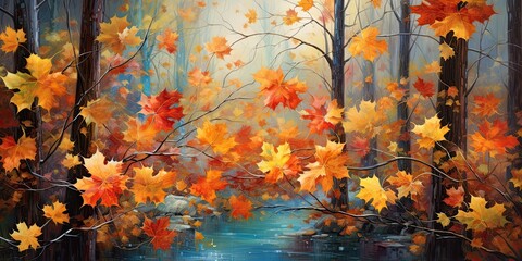 Obraz na płótnie Canvas Dancing Maple Leaves in a Serene Autumn Forest - Vibrant Symphony of Colors - Subtle and Warm Lighting - Captivating Hues of Fall with a Playful Cascade of Leaves Generative AI Digital Illustration
