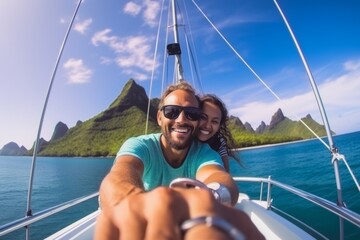 a girl and a man rest on a yacht in the ocean near an island. happy travel concept. generative ai.