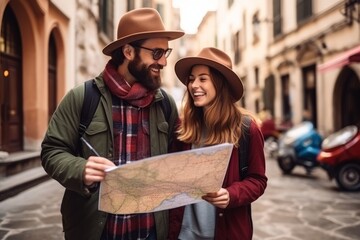 a girl and a man are walking around the old city, looking at the map. happy travel concept. generative ai.