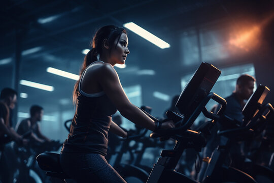 Viele Menschen im Fitnesscenter machen Sport an Geräten mit schöner Lichtstimmung, ai generativ