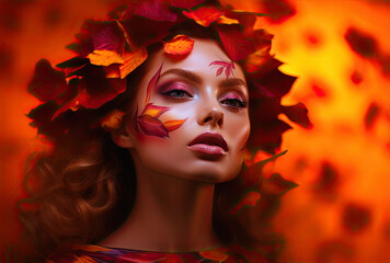 Fototapeta premium Woman Portrait with autum leaves outfits in natural vivid autumn colors. ai generative