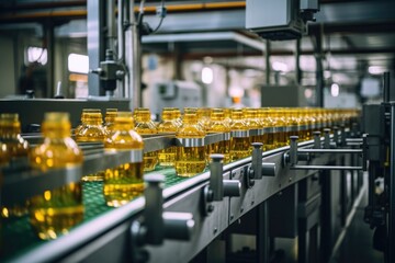 Process of beverage manufacturing on a conveyor belt at a factory.