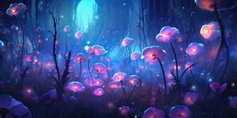AI Generated. AI Generative. Violet purple blue pink flowers plant foilage meadow field of bloom wild beautiful decoration landscape background. Graphic Art