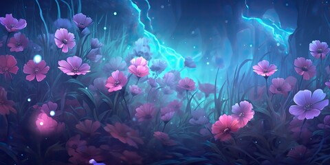 AI Generated. AI Generative. Violet purple blue pink flowers plant foilage meadow field of bloom wild beautiful decoration landscape background. Graphic Art