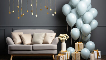 Festive background. Interior with balloons and gift boxes.