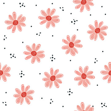 Seamless vector pattern. Cute daisies in Scandinavian style on white background . Vector illustration