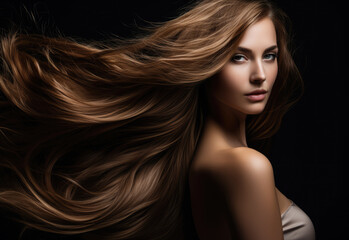 Obraz premium Young woman with long hair being blown by the wind on a black background. Generative AI.