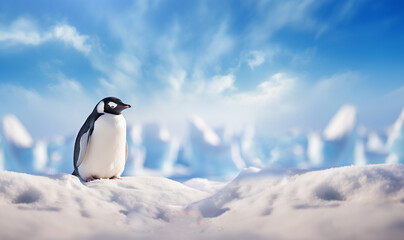 Fototapeta na wymiar Super cute penguin on winter landscape, snowy winter wonderland, Emperor Penguin with copy space