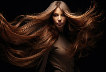 Obraz premium Young woman with long hair being blown by the wind on a black background. Generative AI.