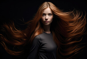 Young woman with long hair being blown by the wind on a black background. Generative AI.