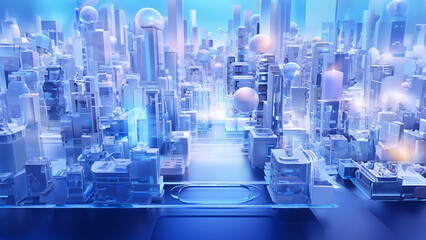 Futuristische Stadt in blauen Neon Licht und Transparenten Design, ai generativ