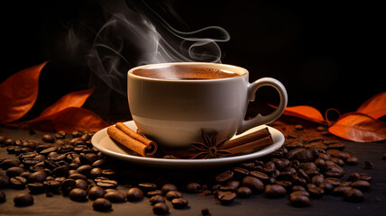 A cup of hot coffee with coffee bean