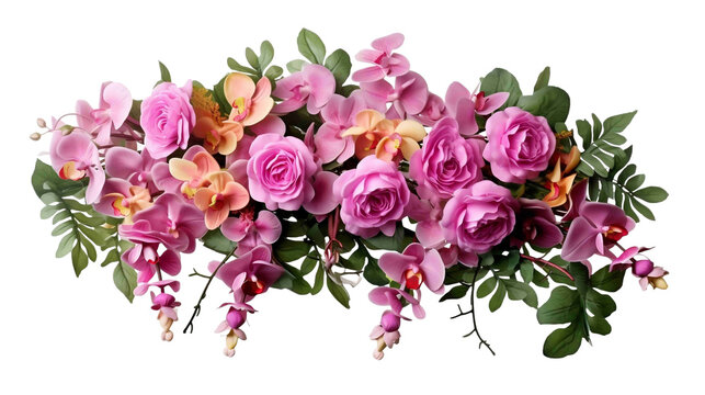 Pink rose and tropical orchid flowers with green leaves floral arrangement nature wedding backdrop. Generative AI