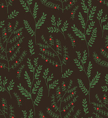 Fototapeta na wymiar Dark botanical repeat pattern of green forest plants with red berries on brown background. Cozy Christmas surface design for textiles and holiday decoration.