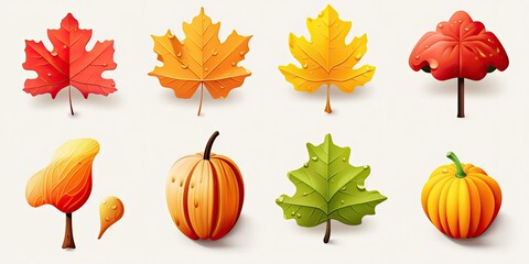  Icon Set of Maple Leaf, Oak, Poplar, Physios, Acorn, Rowan, Pumpkin, and Umbrella - Embracing the Diversity of the Season  Generative AI Digital Illustration