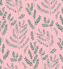 Pink and green seamless herbal pattern of isolated plant silhouettes. Botanical surface design for textiles and decoration.