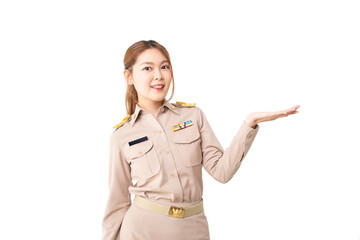 Female Thai government officer in khaki uniforms showing empty copy space for product, text or message on over isolated white background. Concept of advertising, product, sale promotion, presentation.