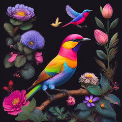 3D Beautiful colorful birds and flowers on pale black paper concept art illustrations.