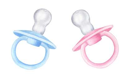 Pink and blue baby pacifier dummy, girl or boy. Hand drawn watercolor illustration isolated on white background. Newborn, baby shower, gender reveal party