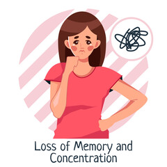 A sad young woman with a clouded mind. The woman suffers from temporary loss of memory and concentration. Vector illustration in cartoon style, isolated on a white background
