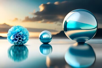 blue crystal ball , blue crystal flower and small blue pearl shining as glass 
