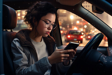 Fototapeta na wymiar Dangerous driving while chatting online. A young woman in eyeglasses sends messages via a smartphone while driving a car.