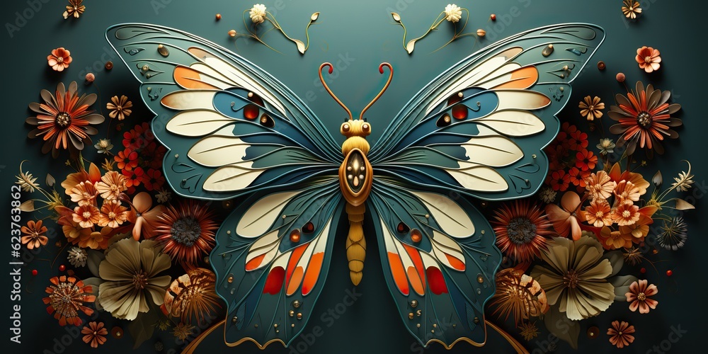 Wall mural ai generated. ai generative. beautiful nature wild cute butterfly witn plant flowers decoration. bac