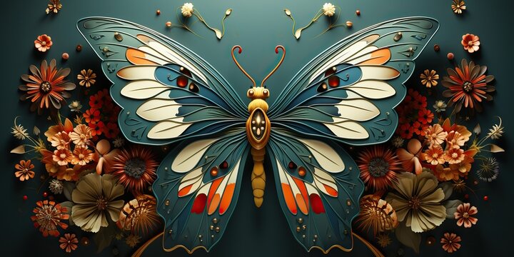 AI Generated. AI Generative. Beautiful nature wild cute butterfly witn plant flowers decoration. Background art graphic beauty. Graphic Art