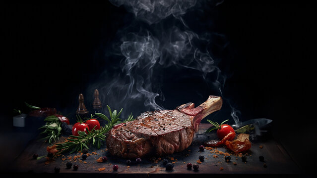 Sch&ouml;nes saftiges Steak mit Rauch von der Hitze im dunklen Licht, ai generativ