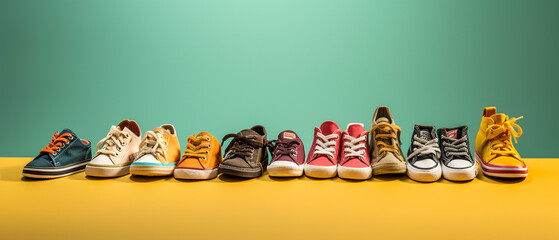 Various colorful kid shoes banner - obrazy, fototapety, plakaty