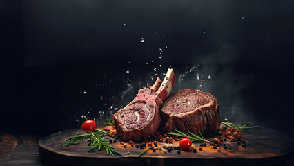Obraz na płótnie Canvas Schönes saftiges Steak mit Rauch von der Hitze im dunklen Licht, ai generativ