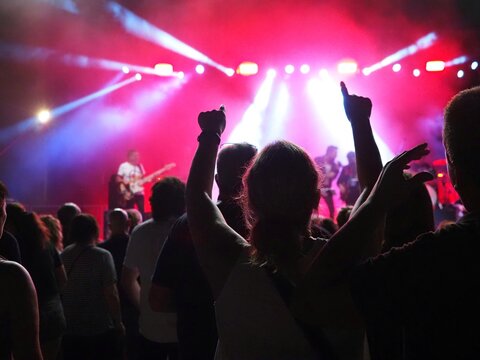 People with raising hands attendíng a live concert at night