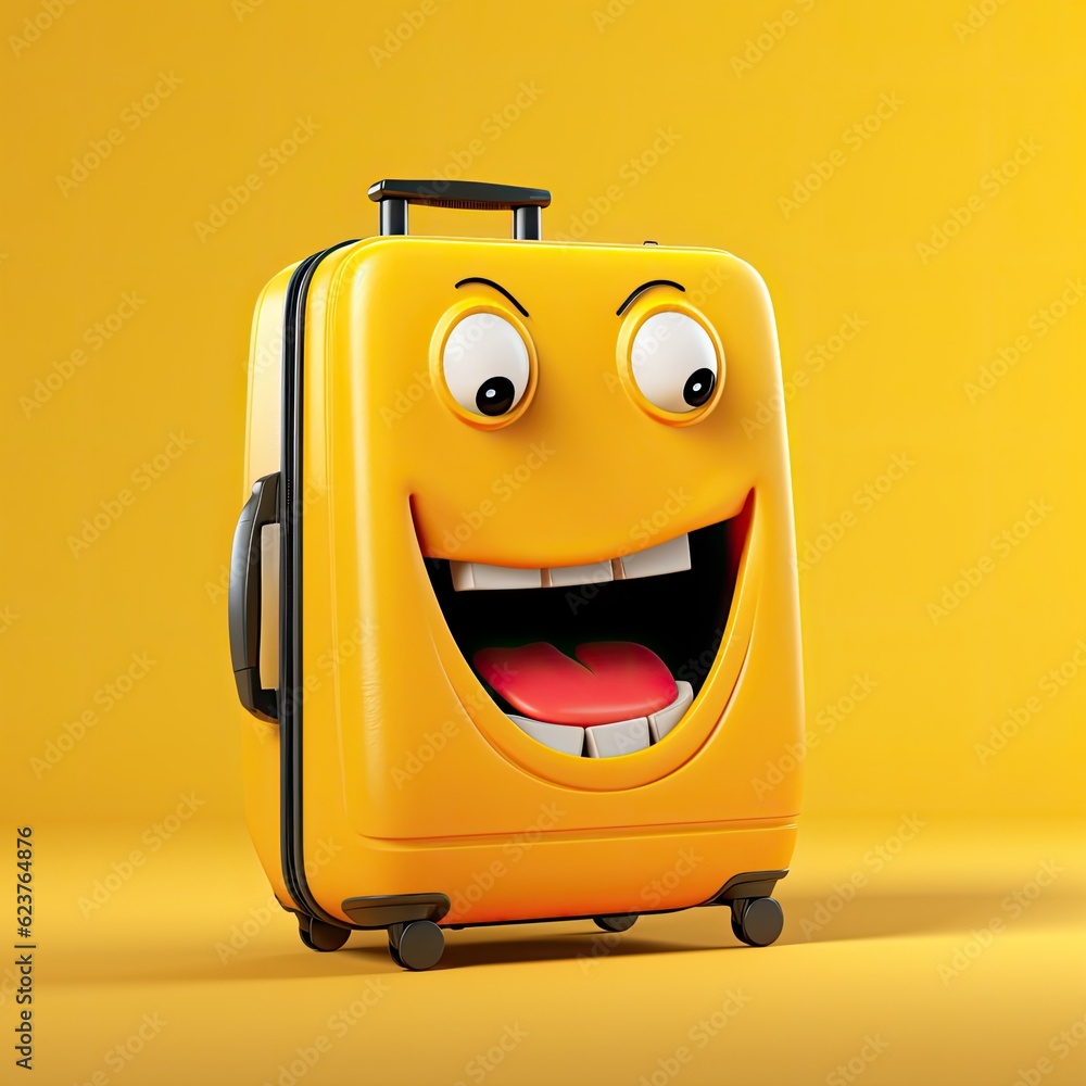 Aufkleber a yellow suitcase with a smiling face on it. generative ai.