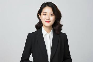 Portrait of Asian businesswoman in suit smiling and looking at camera