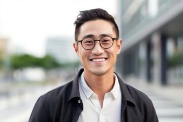 Portrait photography of a satisfied Chinese man in his 30s wearing glasses