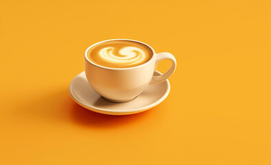 Cup of coffee with latte art over orange background and copy space.