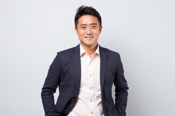 Portrait of a young asian businessman standing with hands in pockets