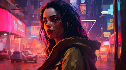 Fototapeta na wymiar Futuristic neon colors illustration of beautiful woman portrait design in a cyberpunk city style. 