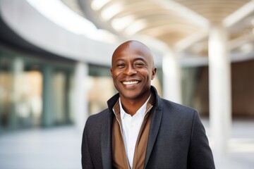 Portrait photography of a happy Nigerian black man in his 50s wearing a chic cardigan against a modern architectural background 
