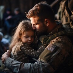 Brave soldier tenderly holds a small child in their arms