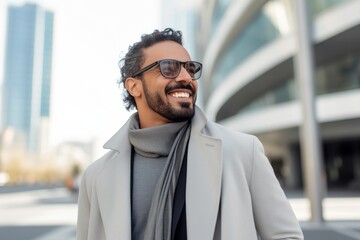 Portrait photography of a pleased Saudi Arabian man in his 40s wearing a chic cardigan against a modern architectural background 