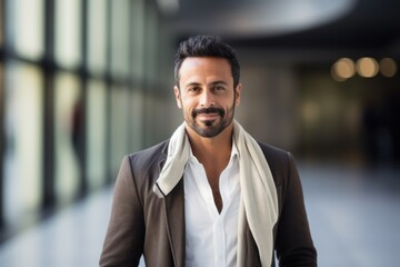 Obraz premium Portrait photography of a pleased Saudi Arabian man in his 40s wearing a chic cardigan against a modern architectural background 