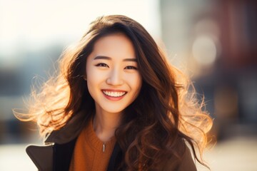 Obraz premium Portrait photography of a happy Chinese woman in her 20s wearing a chic cardigan against an abstract background 