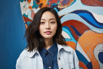 Portrait photography of a satisfied Chinese woman in her 30s wearing a denim jacket against an abstract background 