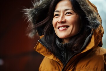 Portrait photography of a happy Chinese woman in her 40s wearing a warm parka against an abstract background 