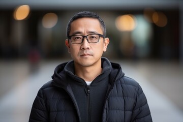 Obraz premium Medium shot portrait photography of a serious Chinese man in his 40s wearing a cozy sweater against an abstract background 