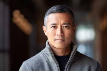 Medium shot portrait photography of a serious Chinese man in his 40s wearing a cozy sweater against an abstract background 