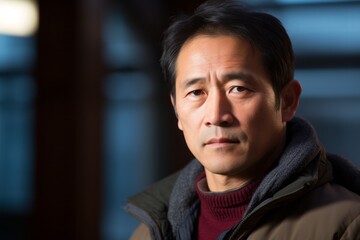 Medium shot portrait photography of a serious Chinese man in his 40s wearing a cozy sweater against an abstract background 