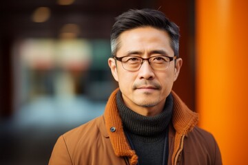 Medium shot portrait photography of a tender Chinese man in his 40s wearing a chic cardigan against an abstract background 